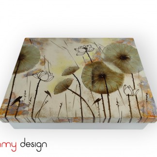 White rectangular lacquer box hand-painted with lotus pond 